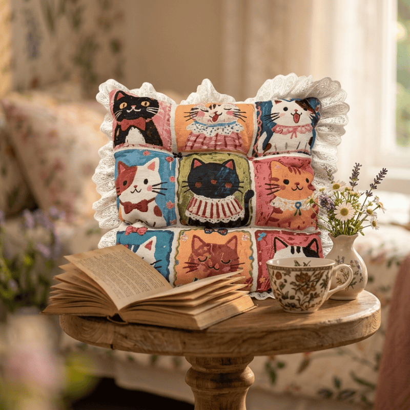 Lace‑Trim Grid‑Cat Cotton Chair Cushion - image 3