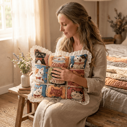 Lace‑Trim Grid‑Cat Cotton Chair Cushion - image 5