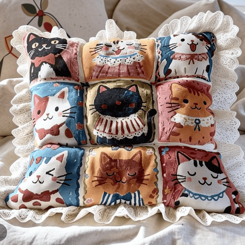 Lace‑Trim Grid‑Cat Cotton Chair Cushion - image 2