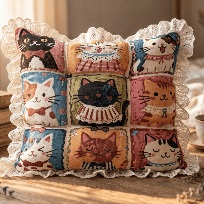 Lace‑Trim Grid‑Cat Cotton Chair Cushion - image 1
