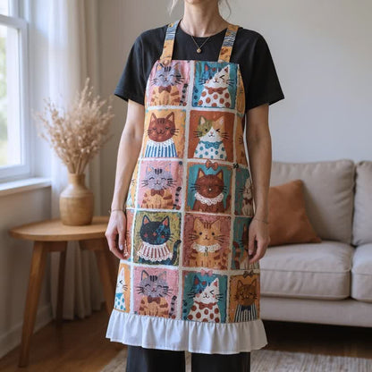 Grid‑Cat Print Cotton Ruffled Cooking Apron - image 1