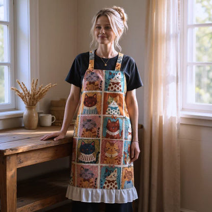 Grid‑Cat Print Cotton Ruffled Cooking Apron - image 3