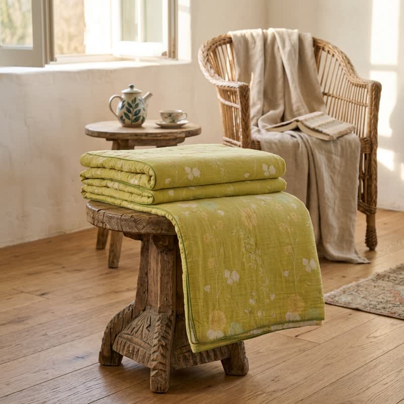 Soft Green Floral Reversible Cotton Quilt - image 2