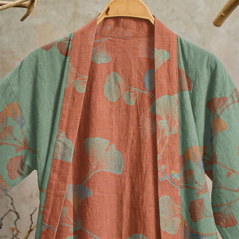 Retro Ginkgo Leaf Cotton Kimono Robe - image 13
