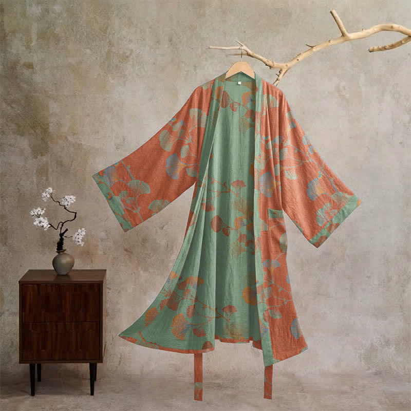 Retro Ginkgo Leaf Cotton Kimono Robe - Red & Green - XL - image 16