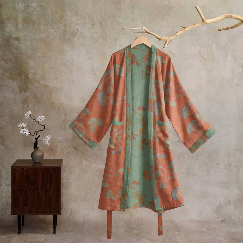 Retro Ginkgo Leaf Cotton Kimono Robe - image 21