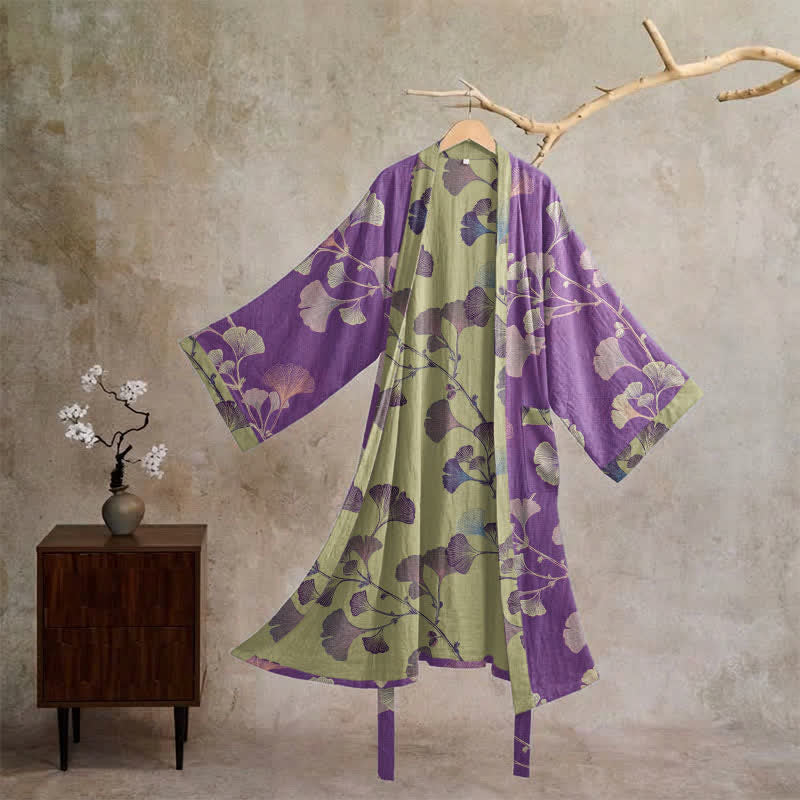 Retro Ginkgo Leaf Cotton Kimono Robe - Purple & Grass green - XL - image 0