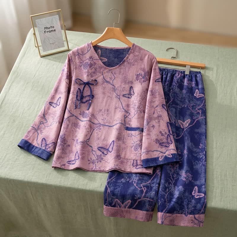 Retro Purple Butterfly Floral Cotton Loungewear Set - image 2