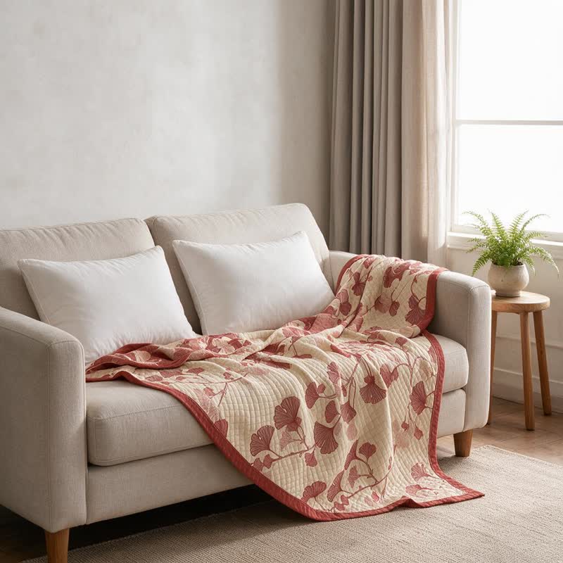 Red Ginkgo Leaf Pattern Cotton Blanket - image 14