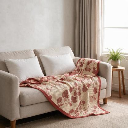 Red Ginkgo Leaf Pattern Cotton Blanket - image 14