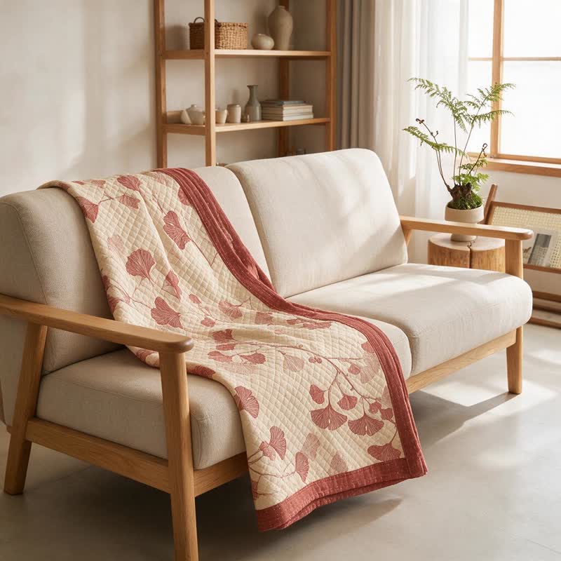 Red Ginkgo Leaf Pattern Cotton Blanket - image 13