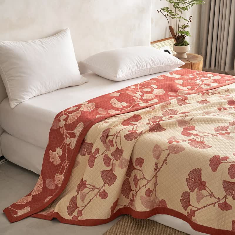 Red Ginkgo Leaf Pattern Cotton Blanket - Beige - 90" x 92" - image 11