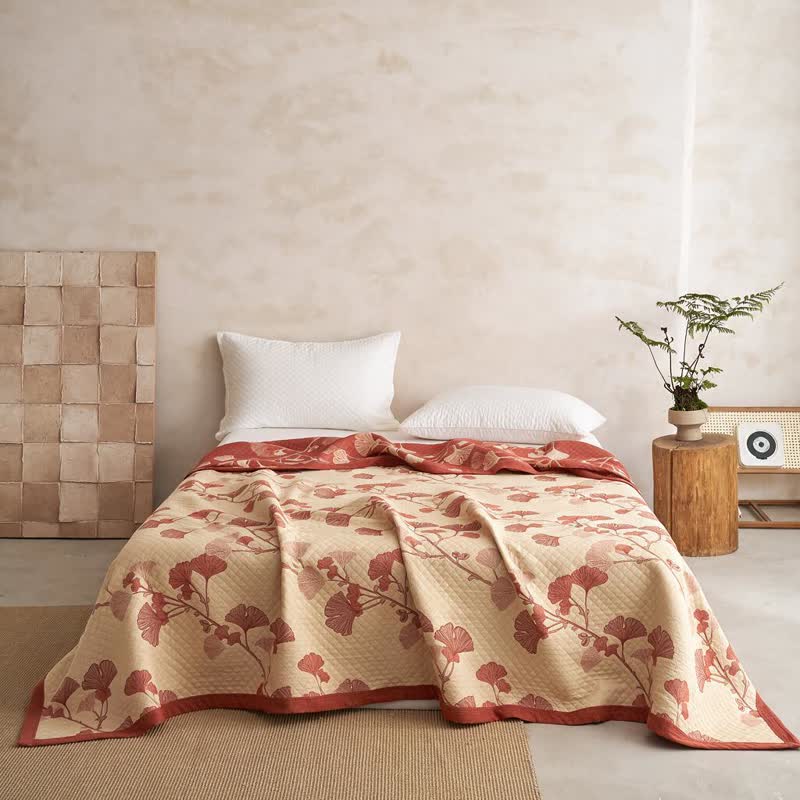 Red Ginkgo Leaf Pattern Cotton Blanket - image 12