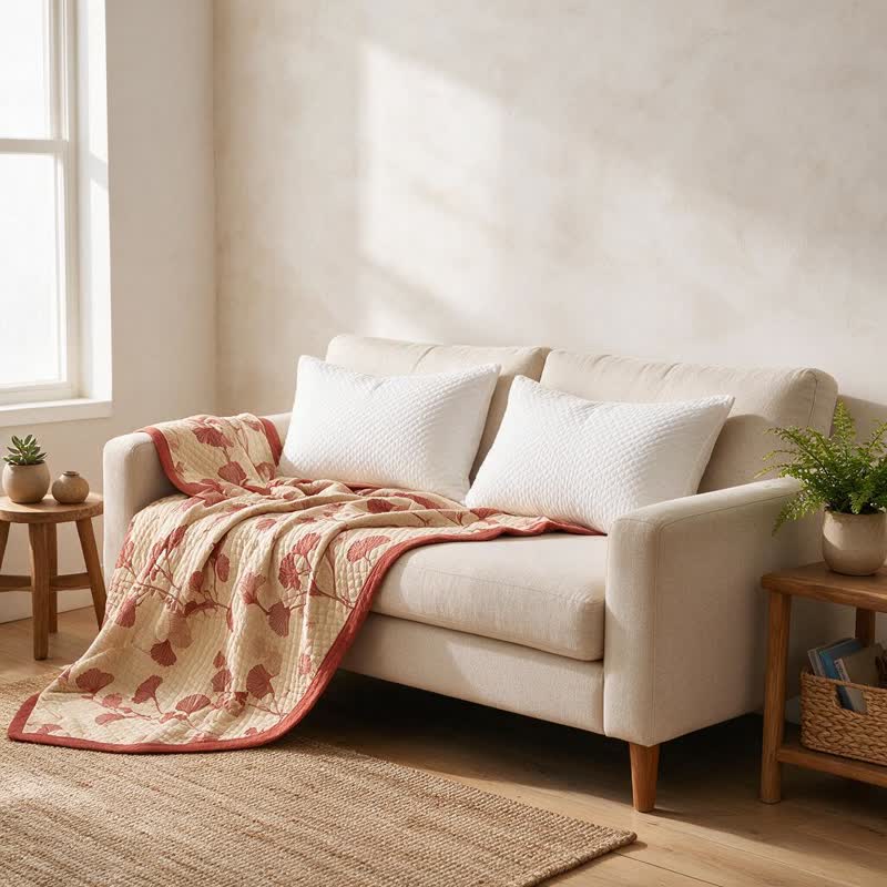 Red Ginkgo Leaf Pattern Cotton Blanket - image 15