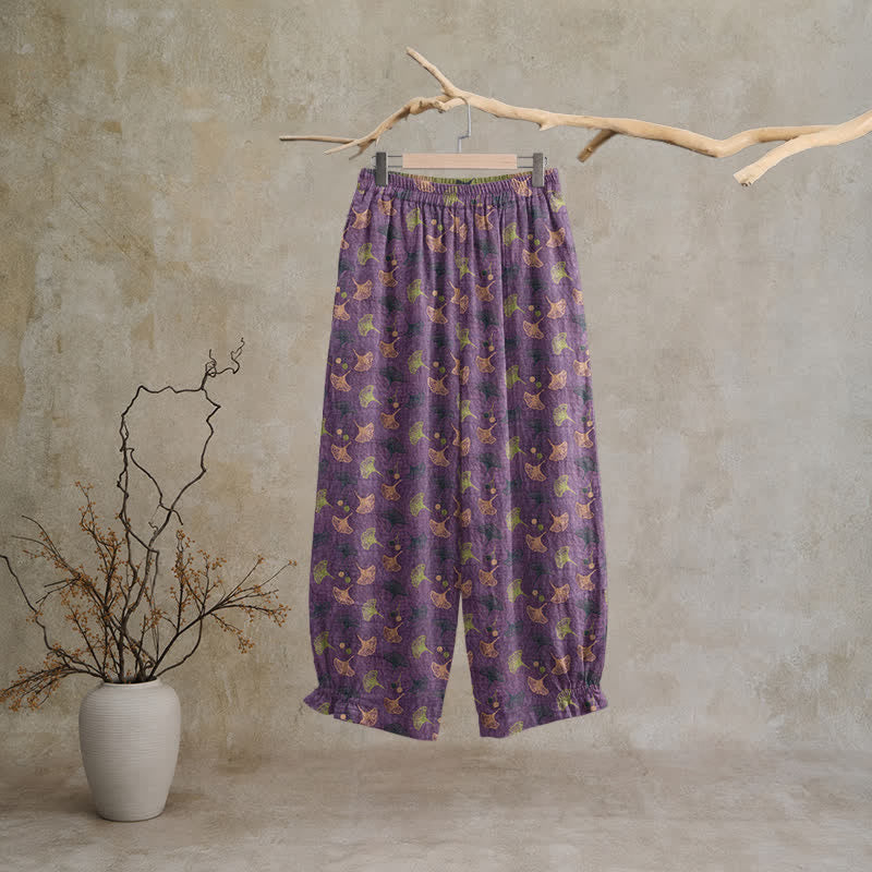 Retro‑Style Ginkgo Leaf Cotton Loose Lounge Pants - image 1