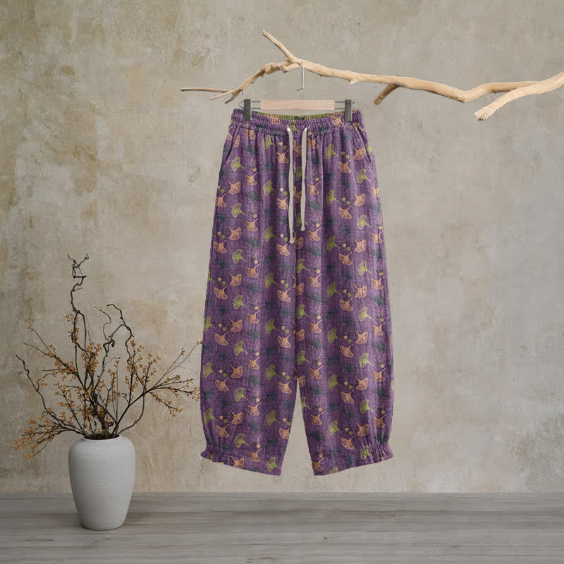 Retro‑Style Ginkgo Leaf Cotton Loose Lounge Pants - Purple - XL - image 0