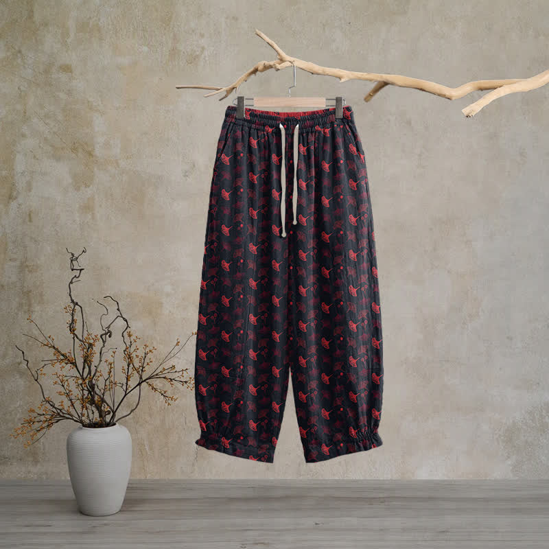 Retro‑Style Ginkgo Leaf Cotton Loose Lounge Pants - Black - XL - image 5