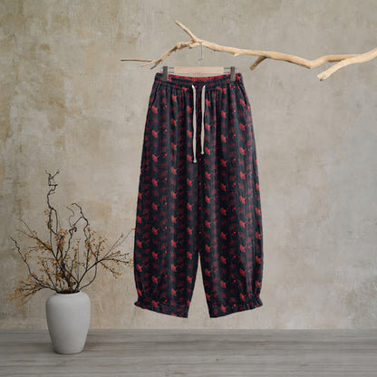 Retro‑Style Ginkgo Leaf Cotton Loose Lounge Pants - Black - XL - image 5