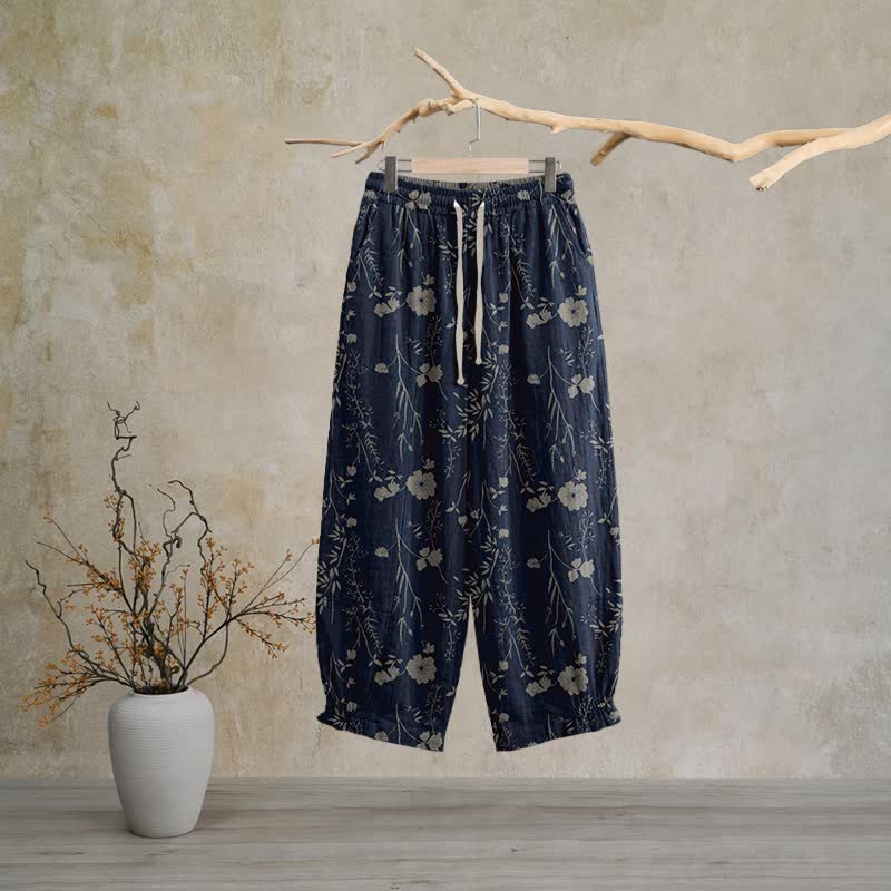 Navy Blue Wildflower Cotton Gauge Lounge Pants - Navy Blue - XL - image 0
