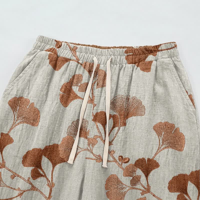 Beige Base Rust Ginkgo Leaf Pattern Cotton Lounge Pants - image 2