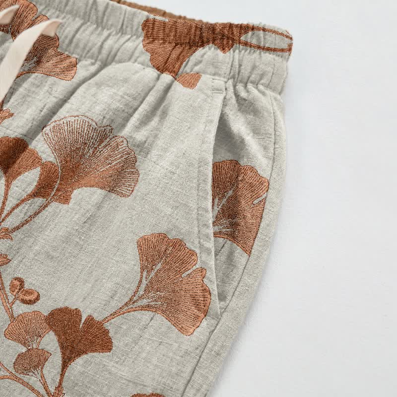 Beige Base Rust Ginkgo Leaf Pattern Cotton Lounge Pants - image 3