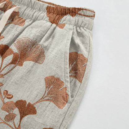 Beige Base Rust Ginkgo Leaf Pattern Cotton Lounge Pants - image 3