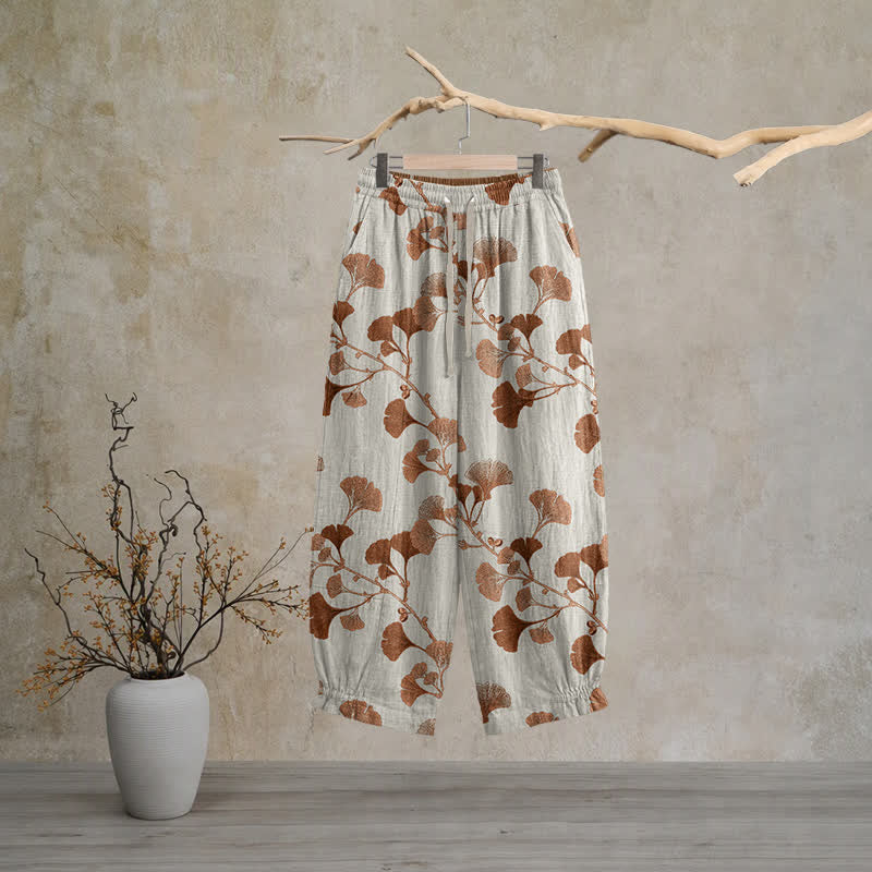 Beige Base Rust Ginkgo Leaf Pattern Cotton Lounge Pants - Beige - XL - image 0