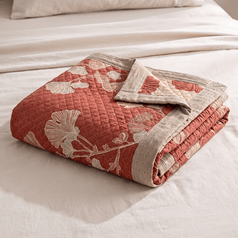 Red Ginkgo Leaf Pattern Cotton Blanket - Terracotta Red - 90" x 92" - image 0