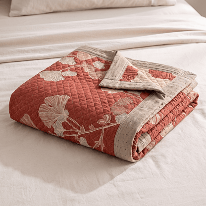 Red Ginkgo Leaf Pattern Cotton Blanket - Terracotta Red - 90" x 92" - image 0