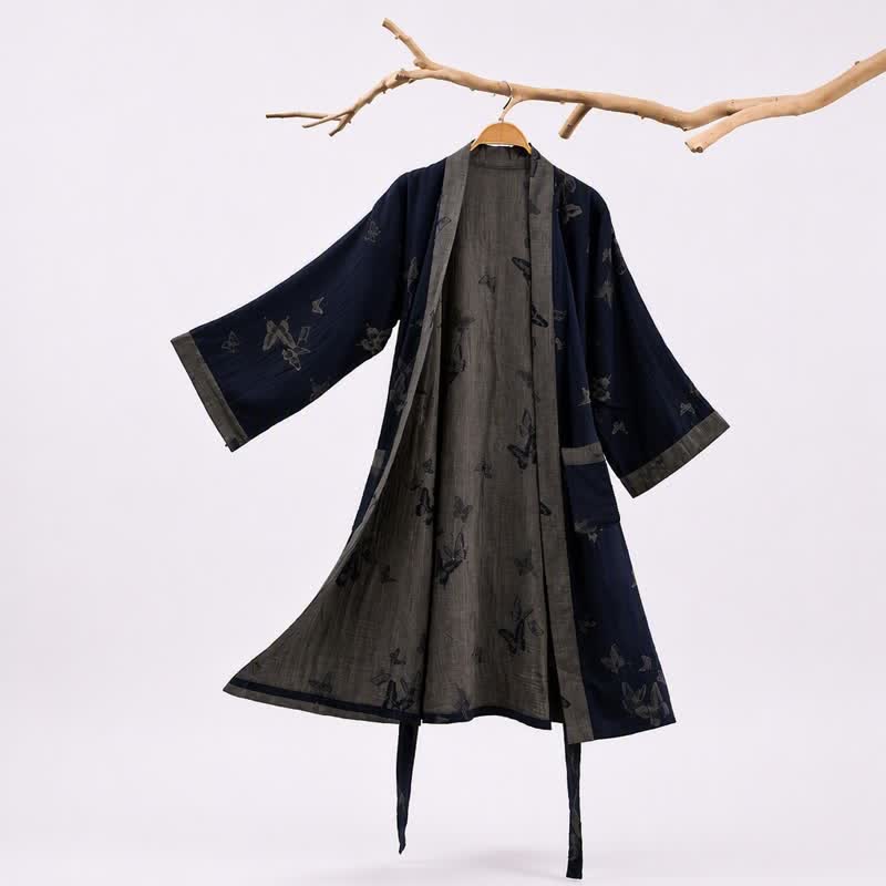Navy Butterfly Cotton Double Gauze Kimono Robe - Navy - 2XL - image 0