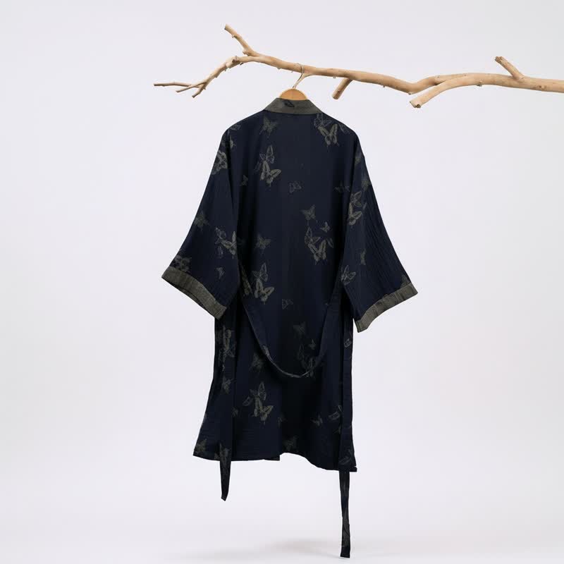 Navy Butterfly Cotton Double Gauze Kimono Robe - image 1