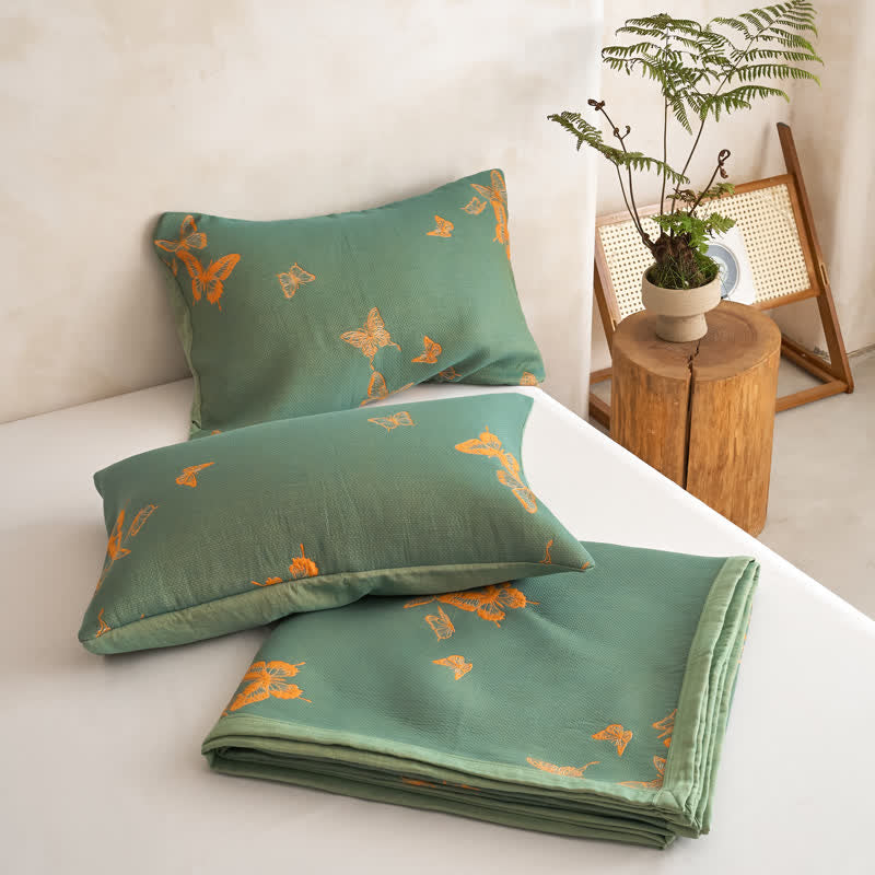Elegant Butterfly Print Cotton Quilt - Green & Yellow - 2PCS Pillowcases - 20" x 36" - image 3