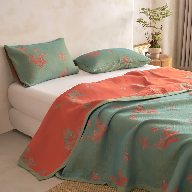 Elegant Butterfly Print Cotton Quilt - Green & Burnt Orange - Quilt with 2PCS Pillowcases - Cal King - image 7