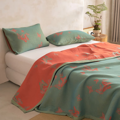 Elegant Butterfly Print Cotton Quilt - Green & Burnt Orange - Quilt with 2PCS Pillowcases - Cal King - image 7