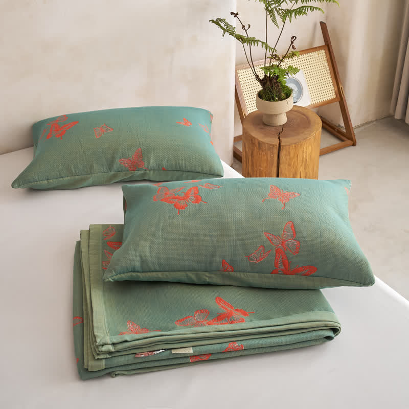 Elegant Butterfly Print Cotton Quilt - Green & Burnt Orange - 2PCS Pillowcases - 20" x 36" - image 10