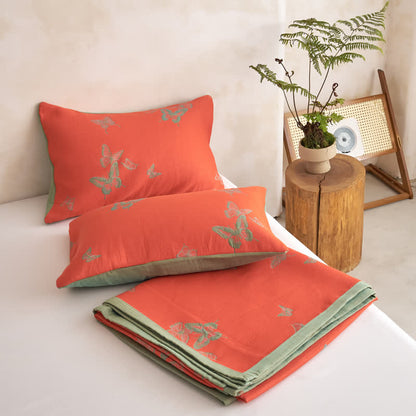 Elegant Butterfly Print Cotton Quilt - Light Orange & Green - 2PCS Pillowcases - 20" x 36" - image 17