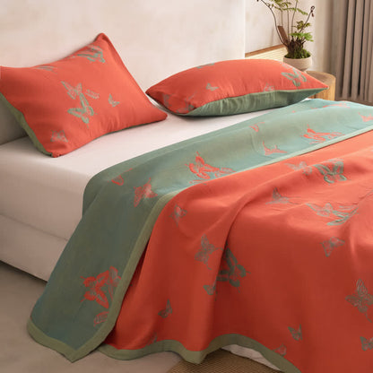 Elegant Butterfly Print Cotton Quilt - Light Orange & Green - Quilt with 2PCS Pillowcases - Cal King - image 14
