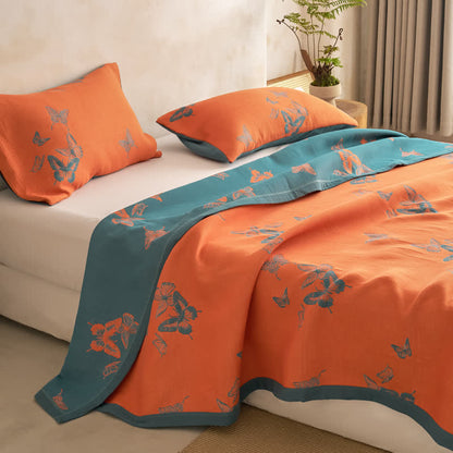 Elegant Butterfly Print Cotton Quilt - Orange & Deep Teal - Quilt with 2PCS Pillowcases - Cal King - image 21