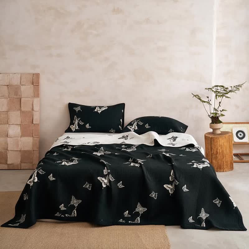 Monochrome Butterfly Cotton Gauze Quilts - Black - Quilt with 2PCS Pillowcases - Cal King - image 2