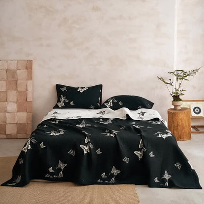 Monochrome Butterfly Cotton Gauze Quilts - Black - Quilt with 2PCS Pillowcases - Cal King - image 2