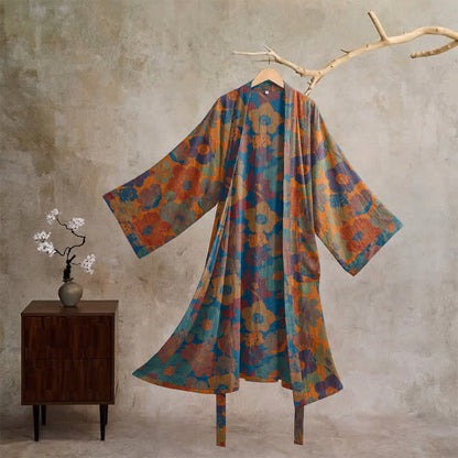 Ownkoti Vintage Flower Cotton Kimono Robe - Orange - XL - image 0