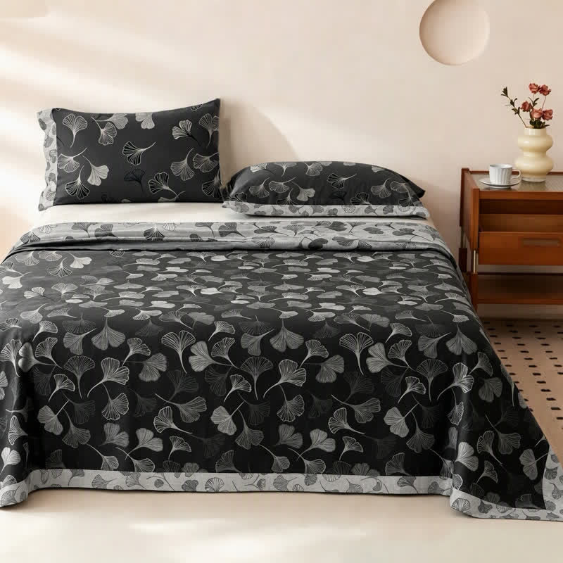 Vintage Black Ginkgo Leaf Reversible Cotton Bedding Set - Black - Bedspread with 2PCS Pillowcases - King - image 0