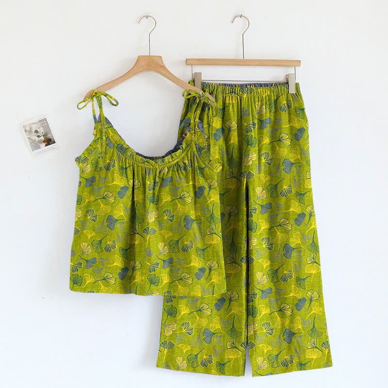 Retro Botanical Ginkgo Leaf Cotton Cami Loungewear Set - Green - XL - image 0