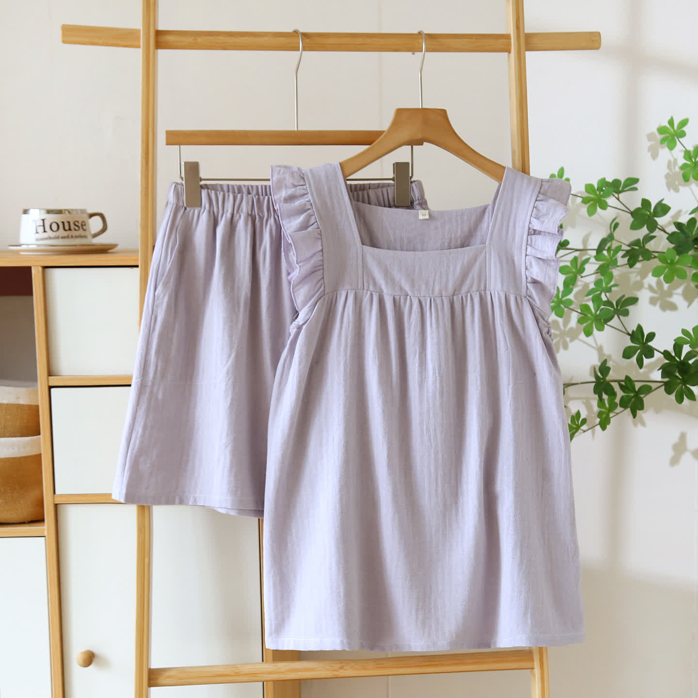 Breezy Ruffle Trim Cotton Lounge Set - Purple - XL - image 13