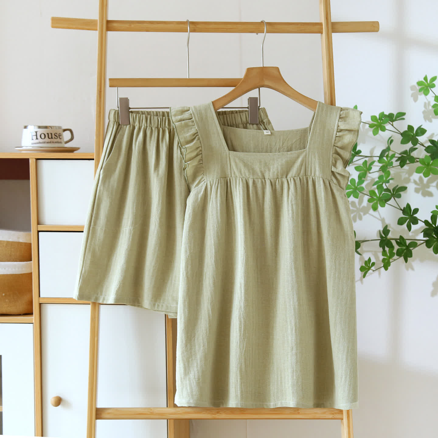 Breezy Ruffle Trim Cotton Lounge Set - Green - XL - image 12