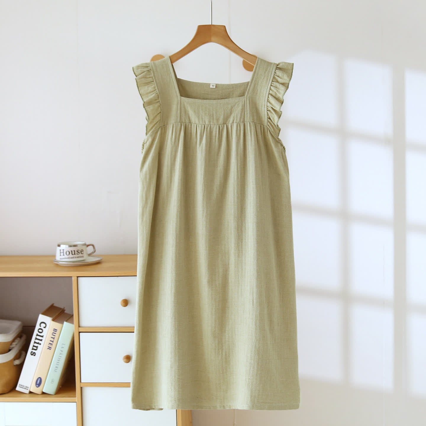 Cotton Square Neck Ruffle Lounge Dress - Green - XL - image 2