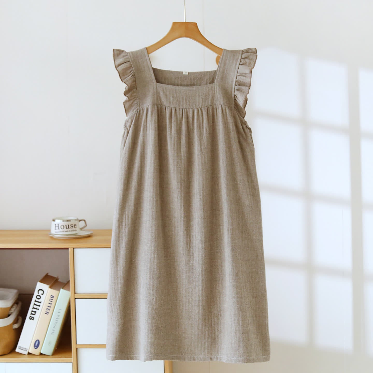 Cotton Square Neck Ruffle Lounge Dress - Khaki - XL - image 12