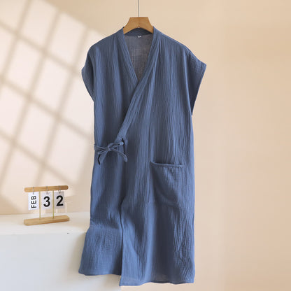 Minimalist Cotton Kimono Wrap Homewear Robe - Navy Blue - Men XL - image 15