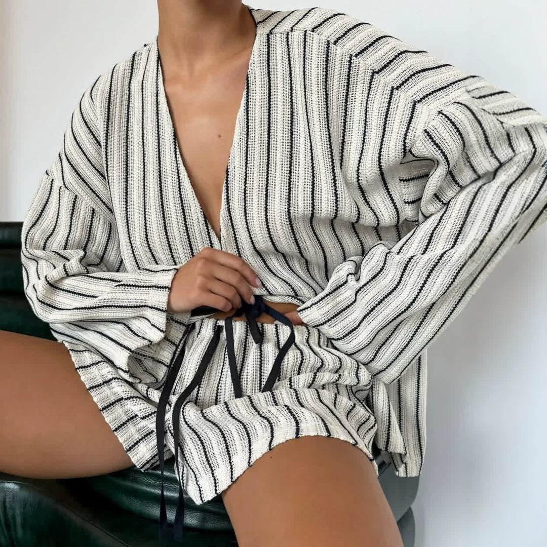 Effortless Stripe Cotton Wrap Resort Loungewear Set - Black - L - image 0