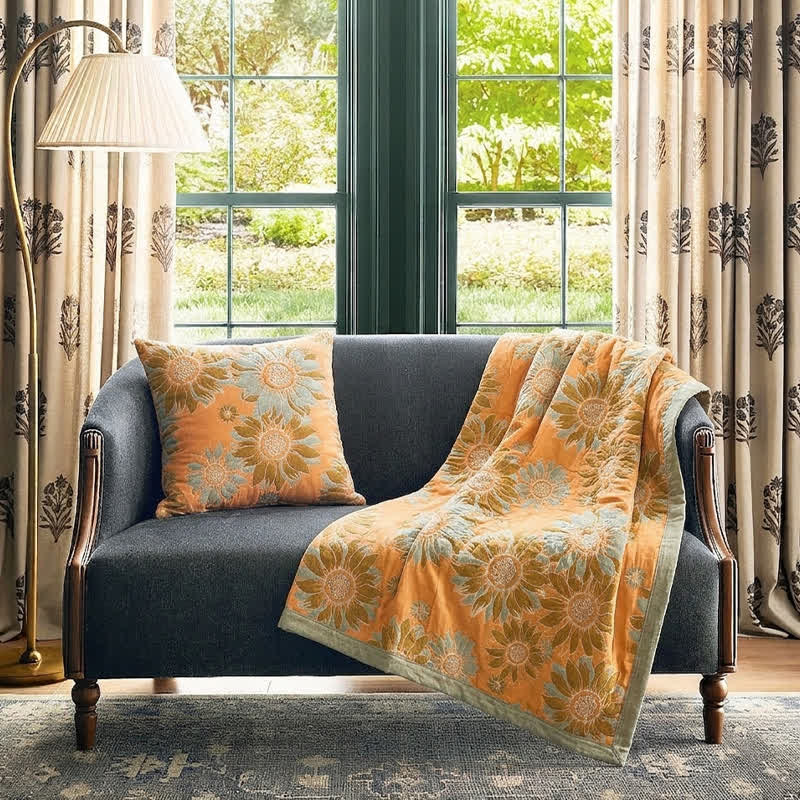Vintage Orange Sunflower Cotton Blanket - image 2